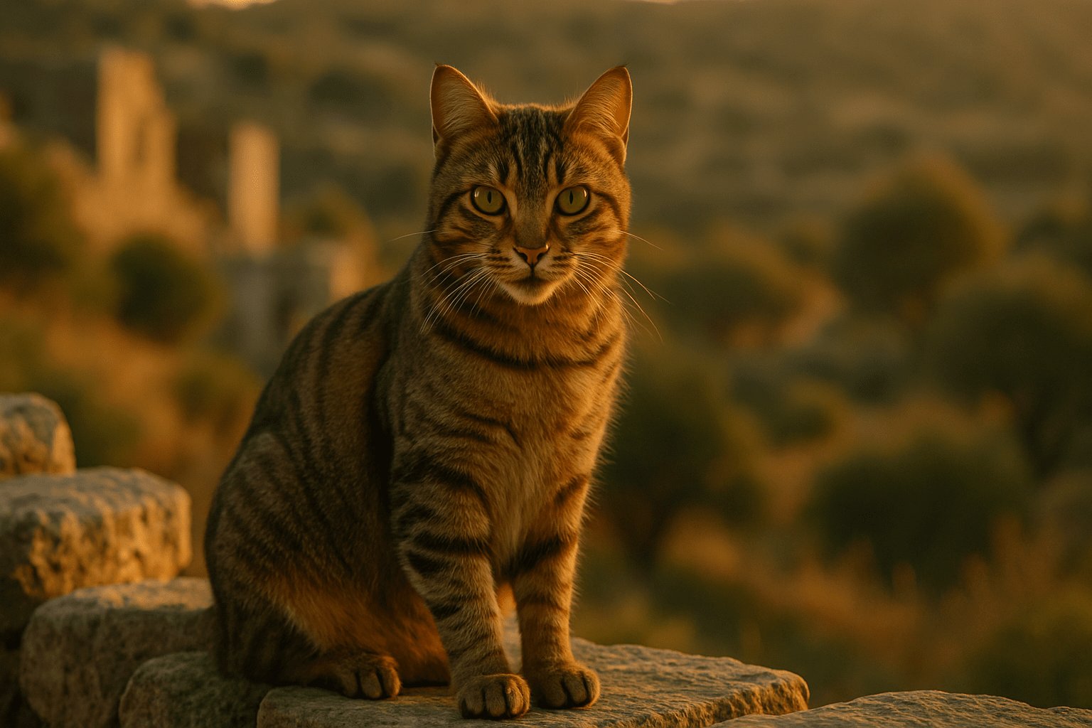 Cyprus Cat with yellow-green eyes sits alert on stone ledge, golden hills and trees in soft golden-hour background