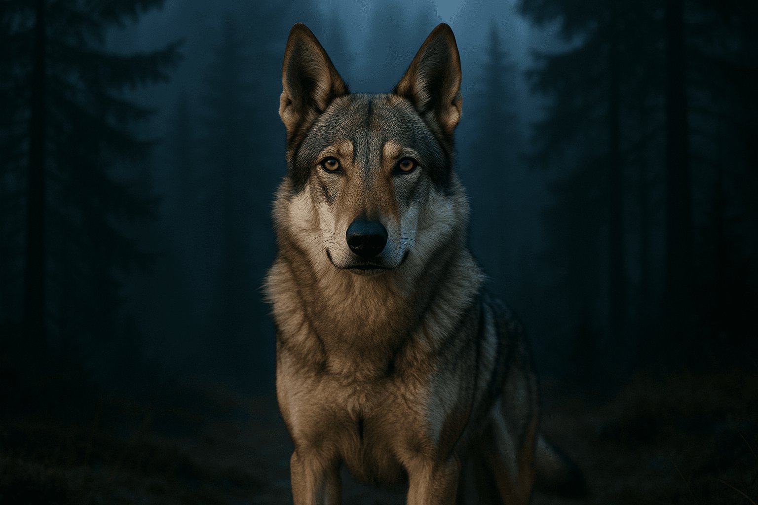 Close-up portrait of Czechoslovakian Wolfdog with gray, brown, cream fur facing forward against dark misty forest backdrop.
