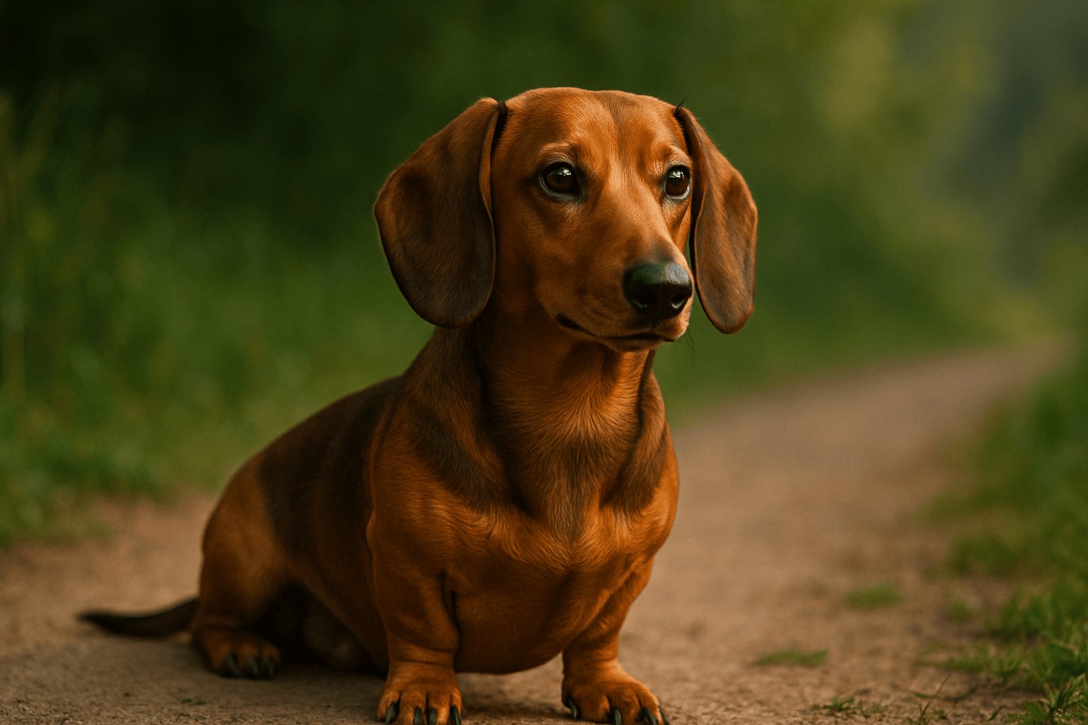 Dachshund dog with long body, short legs, and warm brown smooth coat standing on a path with green foliage background.