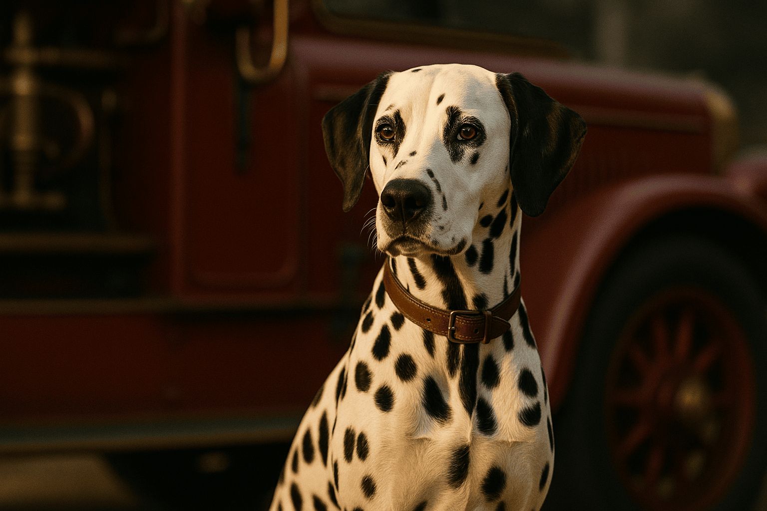 Dalmatian dog with white coat and black spots, wearing brown collar, posing in front of a vintage red vehicle.