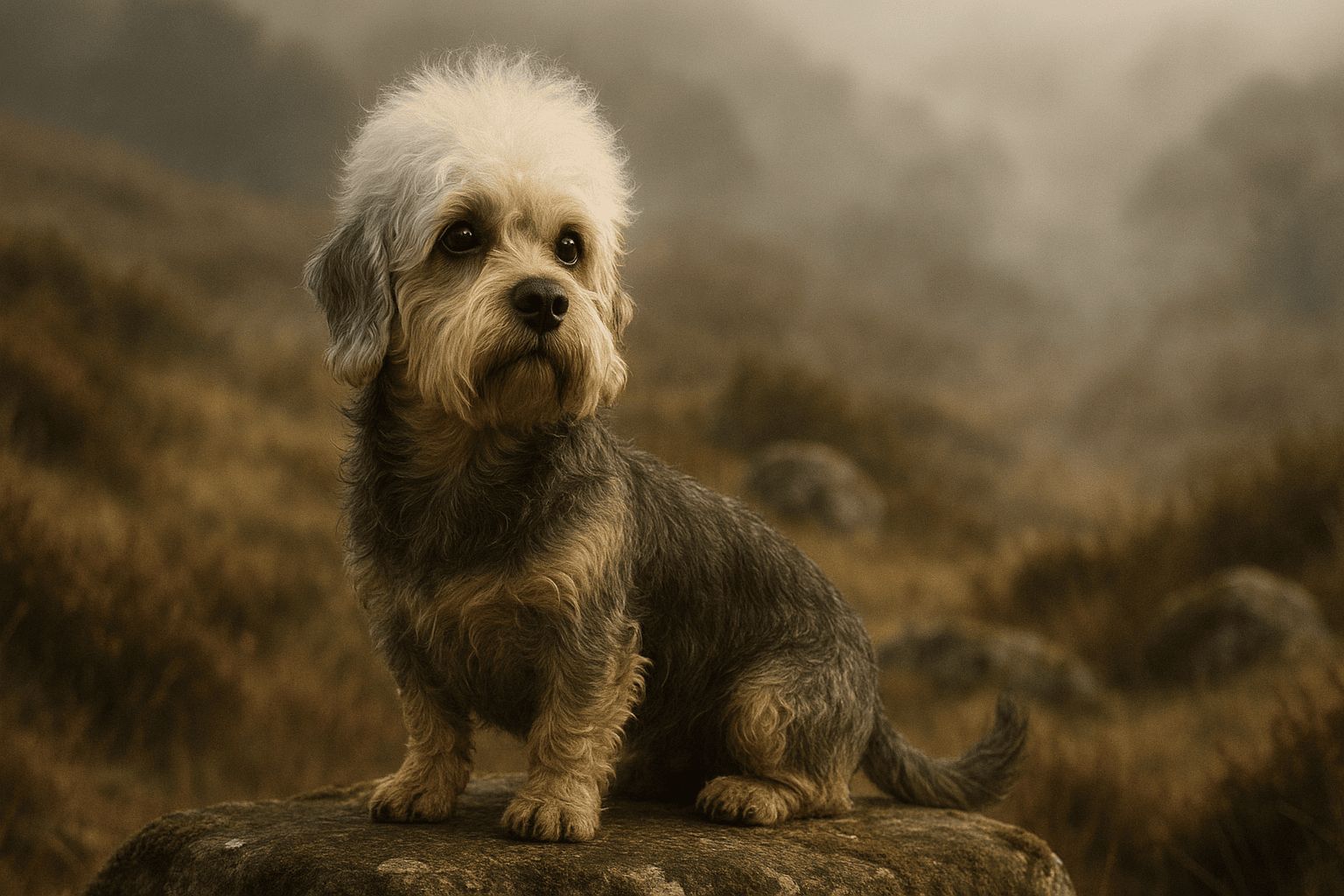 Dandie Dinmont Terrier with distinctive white afro and brown coat sitting on rocky surface in misty outdoor setting.