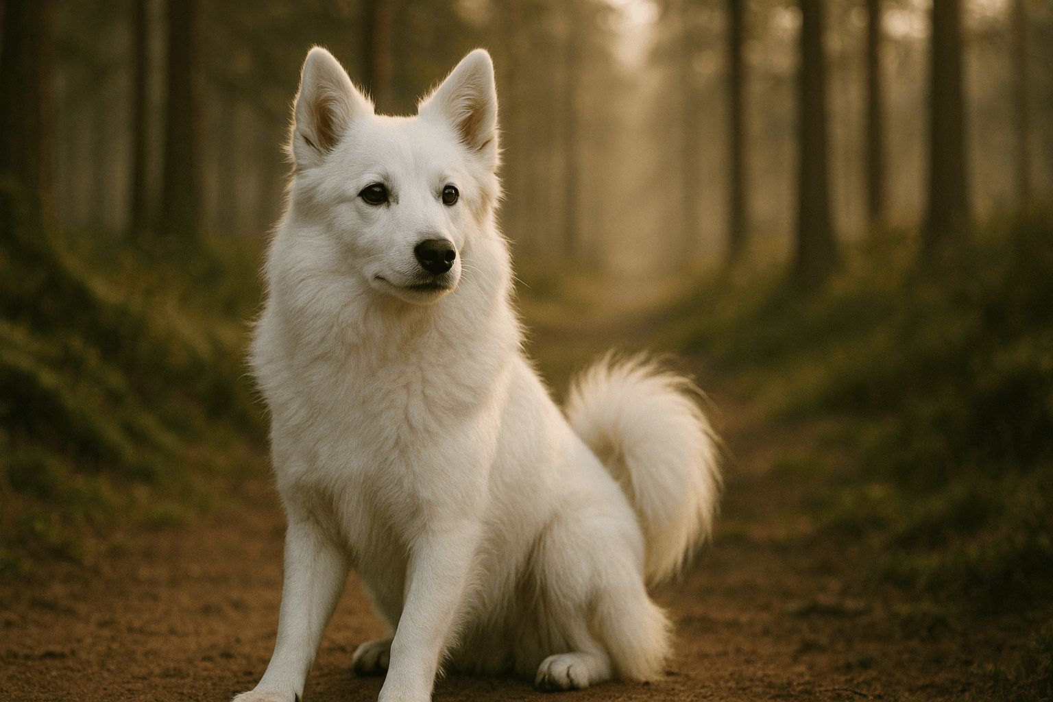 White Danish Spitz dog with pointed ears and curled tail sitting alertly on a forest path with tall trees in the background.