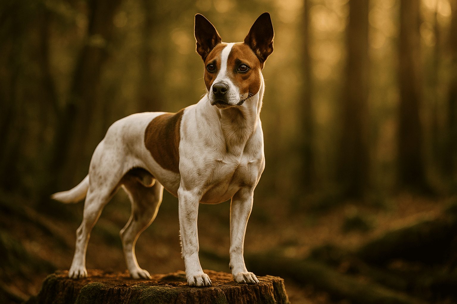 Denmark Feist Dog, white with brown back and face markings, standing on a mossy tree stump in a leafy green forest.