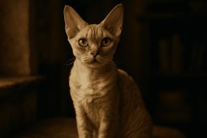 Devon Rex cat with tan coat and golden eyes sits alert in dim sepia-toned room with soft lighting and dark, blurred background