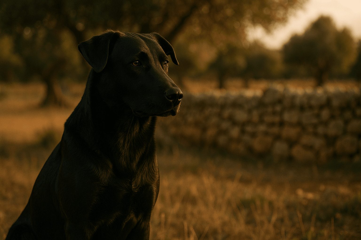 A sleek, dark-coated Ca Mè Mallorquí Dog sits attentively in a sunlit field with a stone wall in the background.