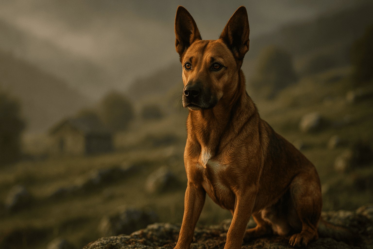 Brown Dikkulak Dog with white chest patch, large pointed ears, black nose, sitting on rock in field with trees.