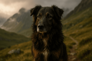 Majestic, fluffy black and brown Cane di Oropa Dog with intelligent amber eyes, gazing over vast, serene rolling hills.