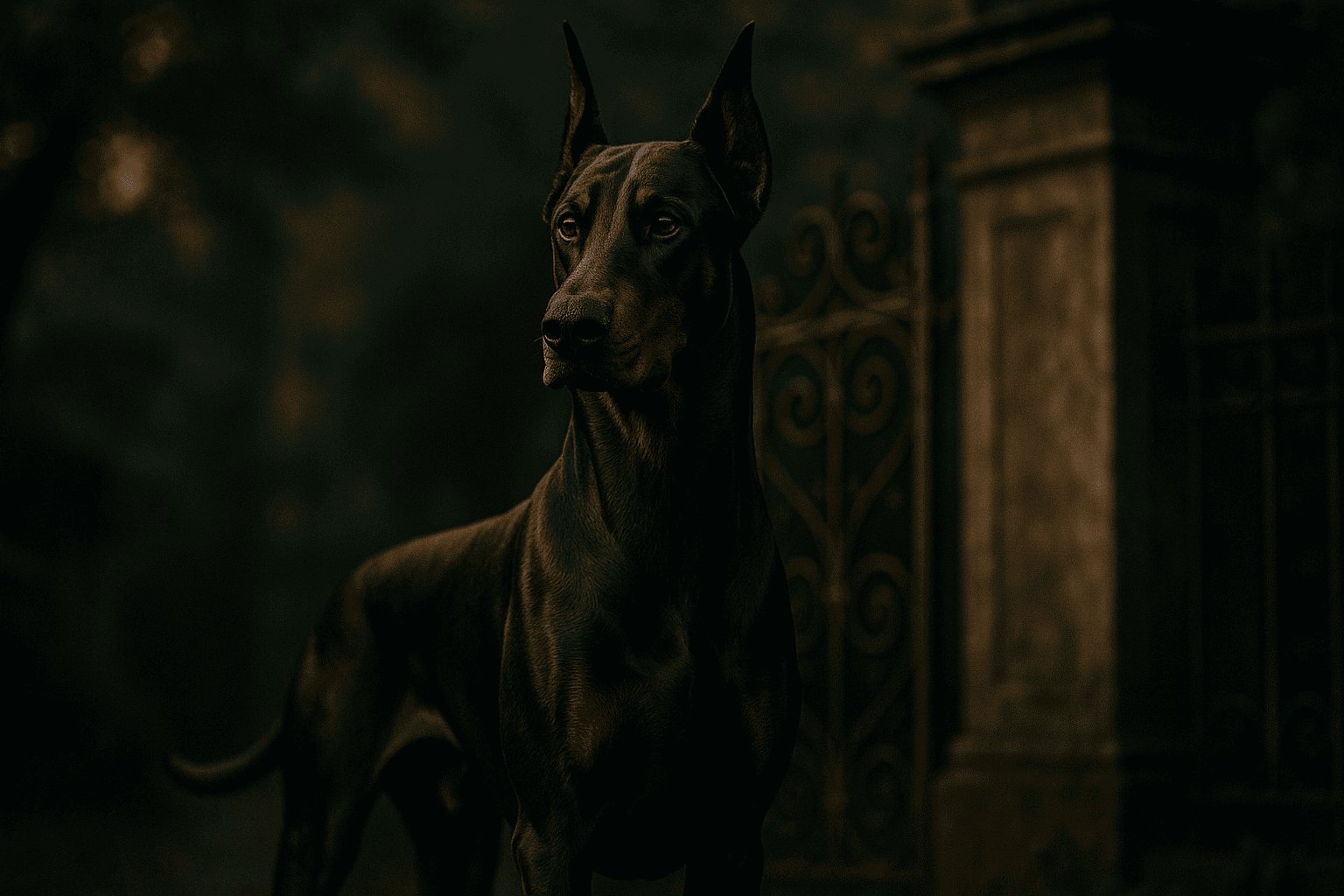 Dark brown Dobermann Dog in half-body shot with erect ears and alert posture against dimly lit ornate metal gate.