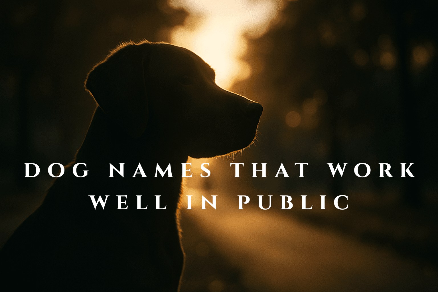 Silhouette of a Labrador retriever in profile at sunrise, backlit in a golden park setting, capturing dog names that work well in public
