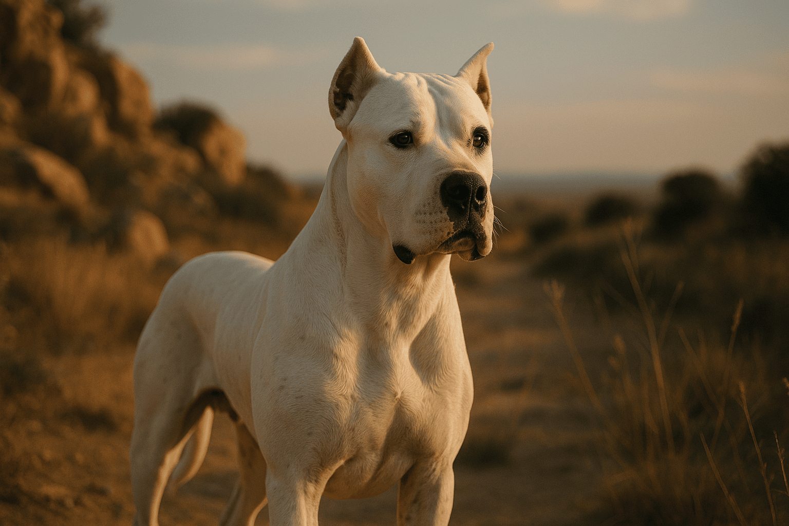 White Dogo Argentino dog with muscular build, cropped ears, and alert eyes stands in arid landscape with dry grass and rocks.