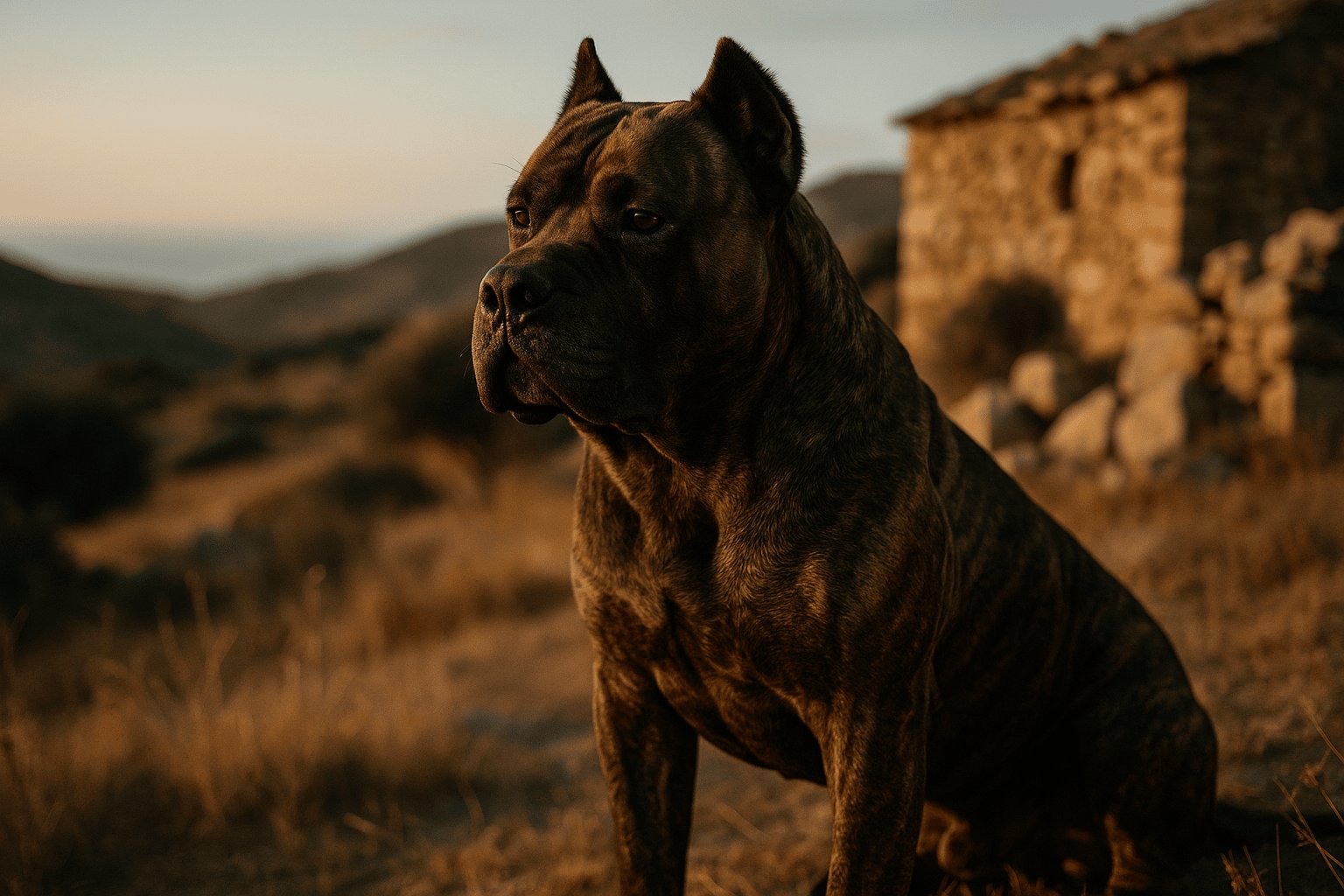 Dogo Sardesco Dog with brindle coat, cropped ears, sitting alert in golden hour light against hills and stone building.