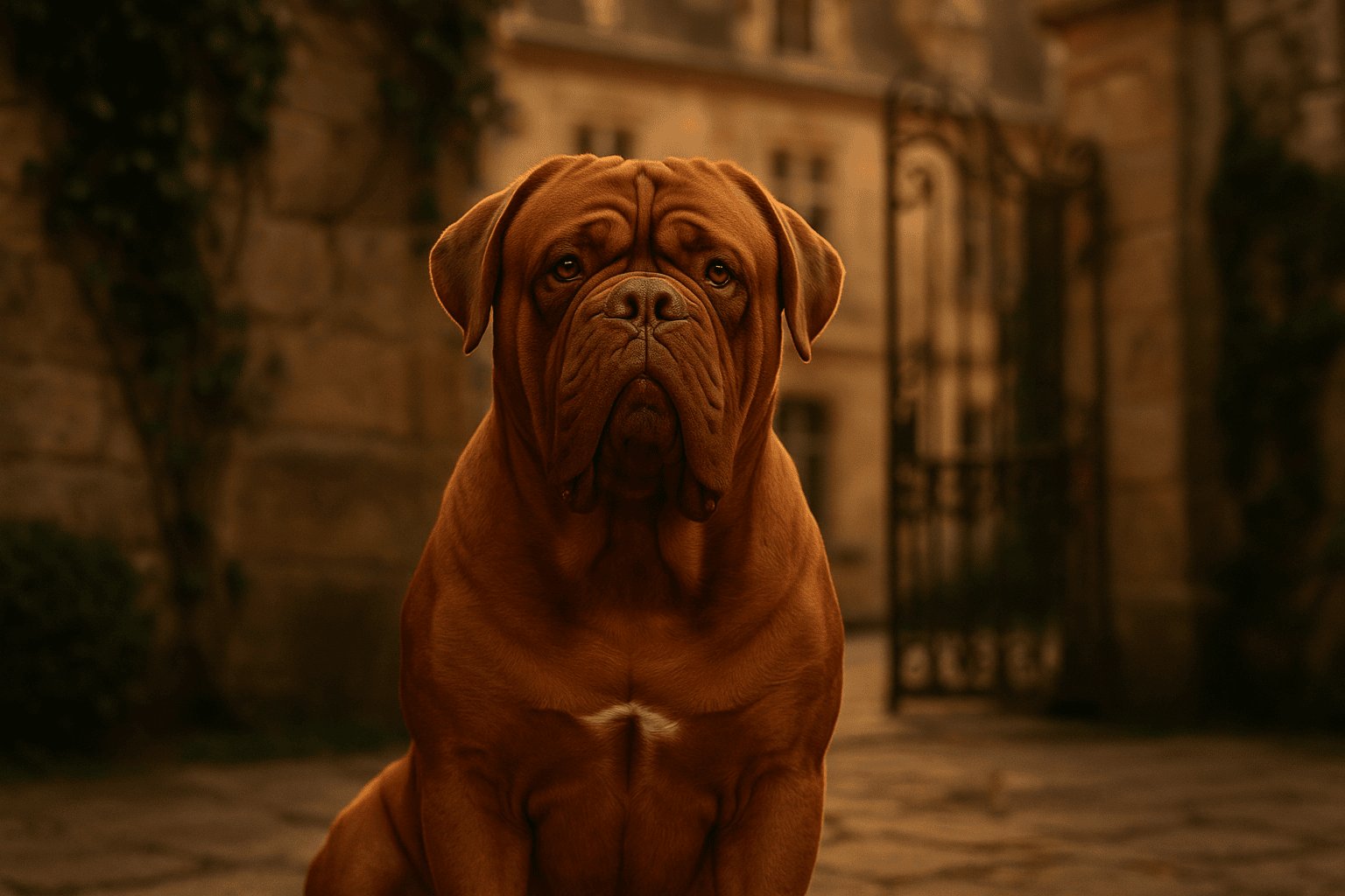Reddish-brown Dogue de Bordeaux with wrinkled face seated in front of European building and wrought-iron gate.