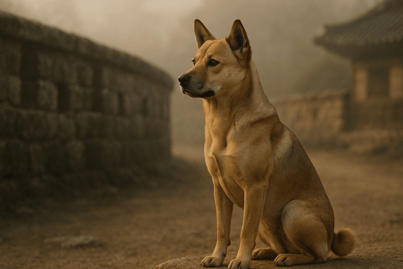 Tan Donggyeongi Dog sitting upright with alert eyes in foggy area near stone wall and traditional building.