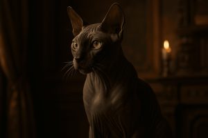 Donskoy cat with golden eyes sits in dramatic lighting, hairless gray skin highlighted against a shadowy brown indoor background