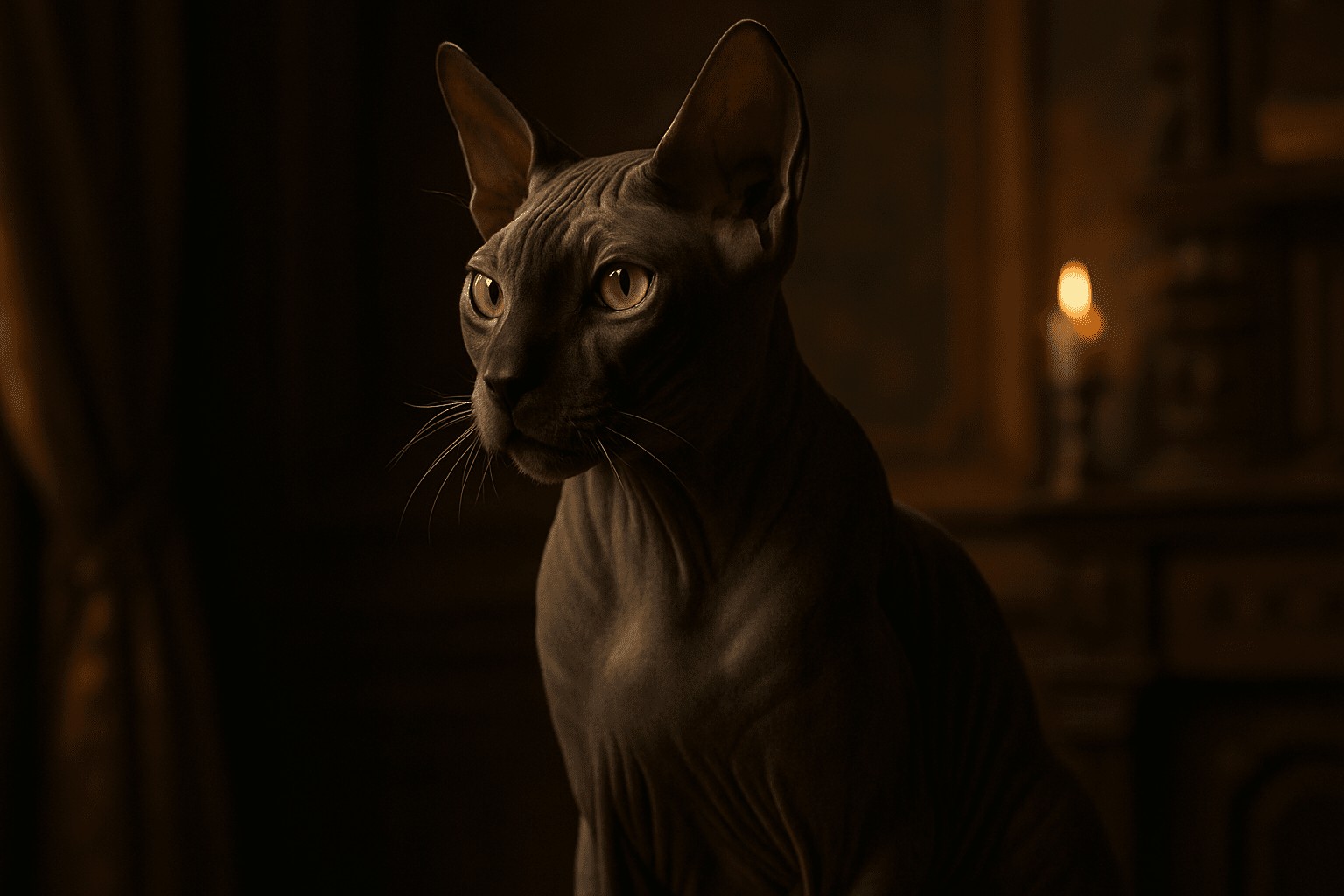 Donskoy cat with golden eyes sits in dramatic lighting, hairless gray skin highlighted against a shadowy brown indoor background
