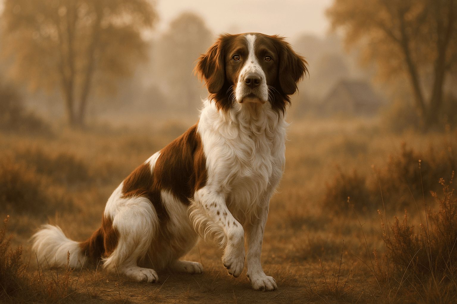 White Drentse Patrijshond with brown markings sitting with one paw raised in rural outdoor setting at golden hour.