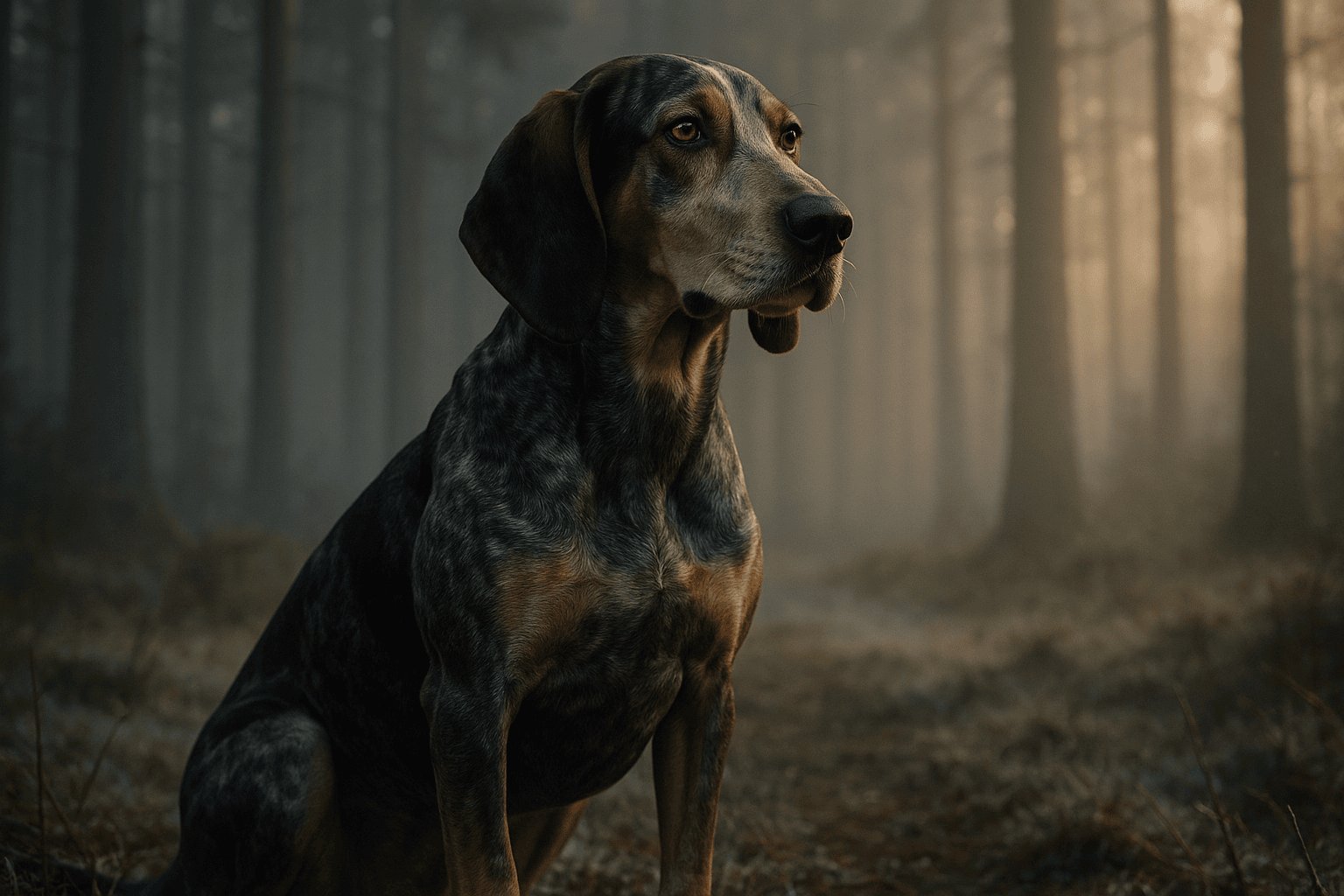 Dunker Dog with blue-gray mottled coat, amber eyes, sitting alert in misty forest on leaf-covered ground.