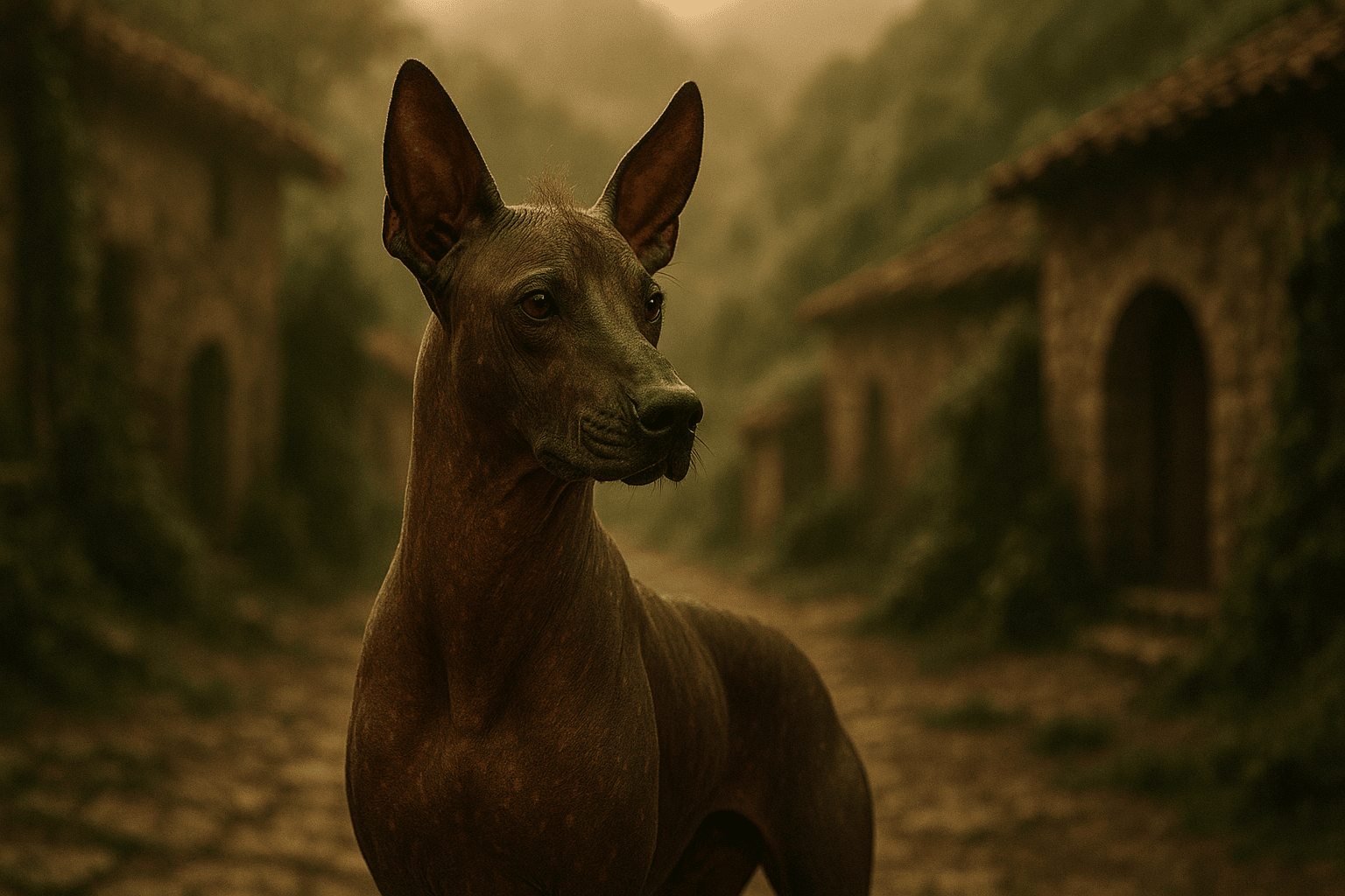 Ecuadorian Hairless Dog with smooth dark skin, erect ears, alert pose in rustic village setting.