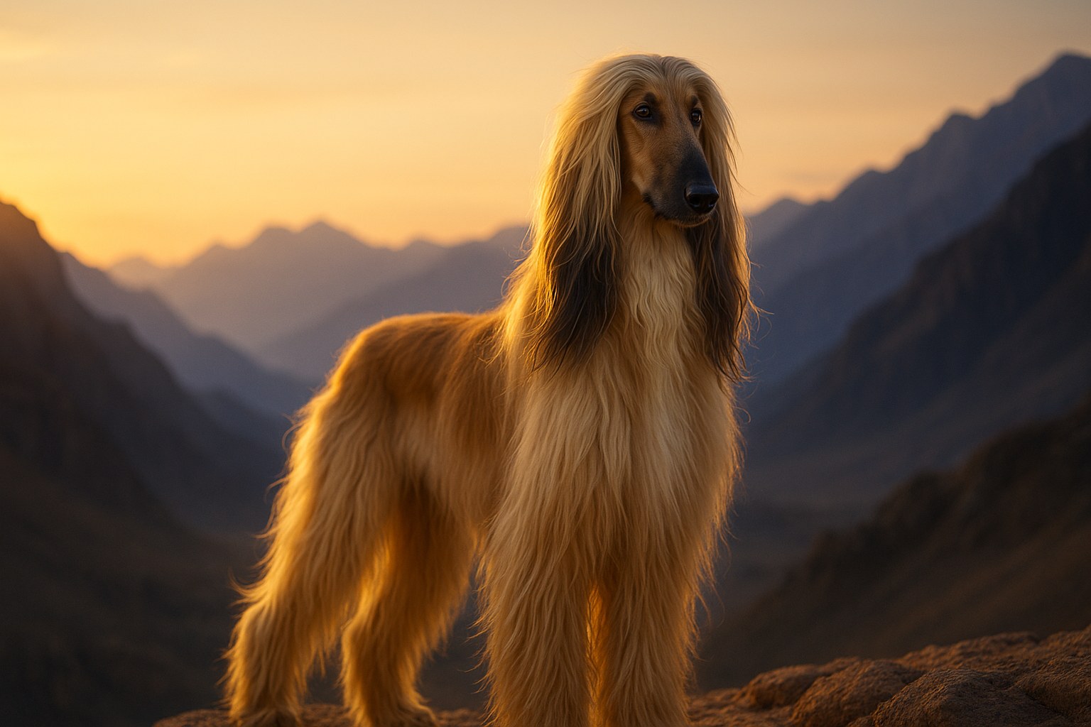 Afghan Hound with flowing tan coat stands alert on a rocky ledge at sunset, mountains in the blurred background.
