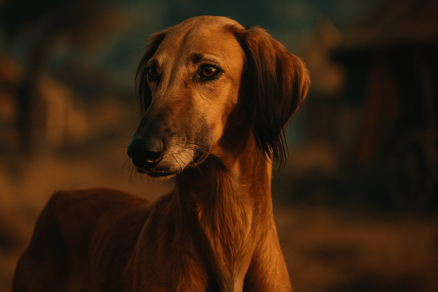 Close-up of Banjara Hound Dog with smooth reddish-tan fur, calm gaze, golden hour warm brown blurred background