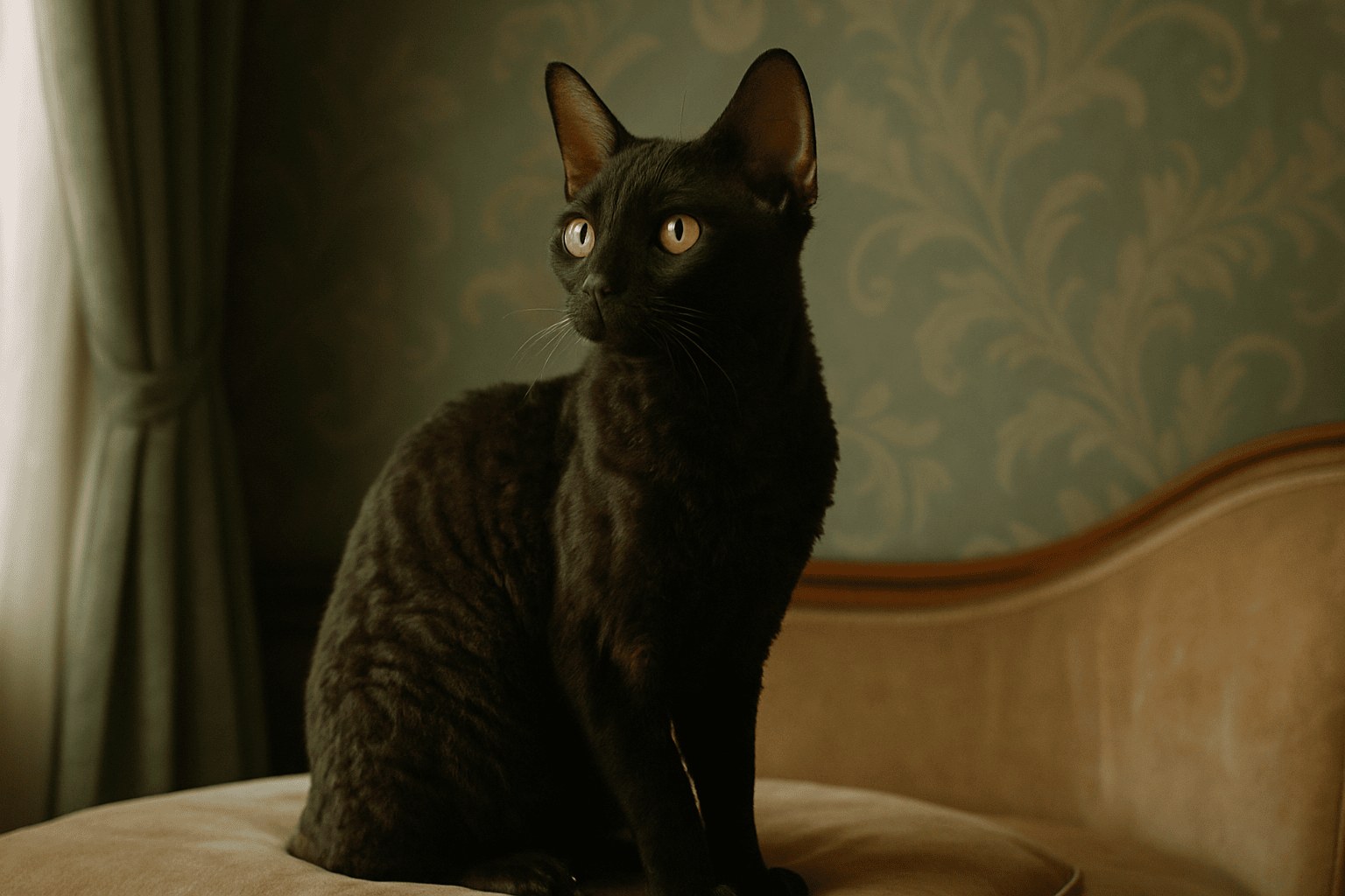 Sleek black German Rex cat with golden eyes perched gracefully on a beige surface, with a pale blue floral patterned background.