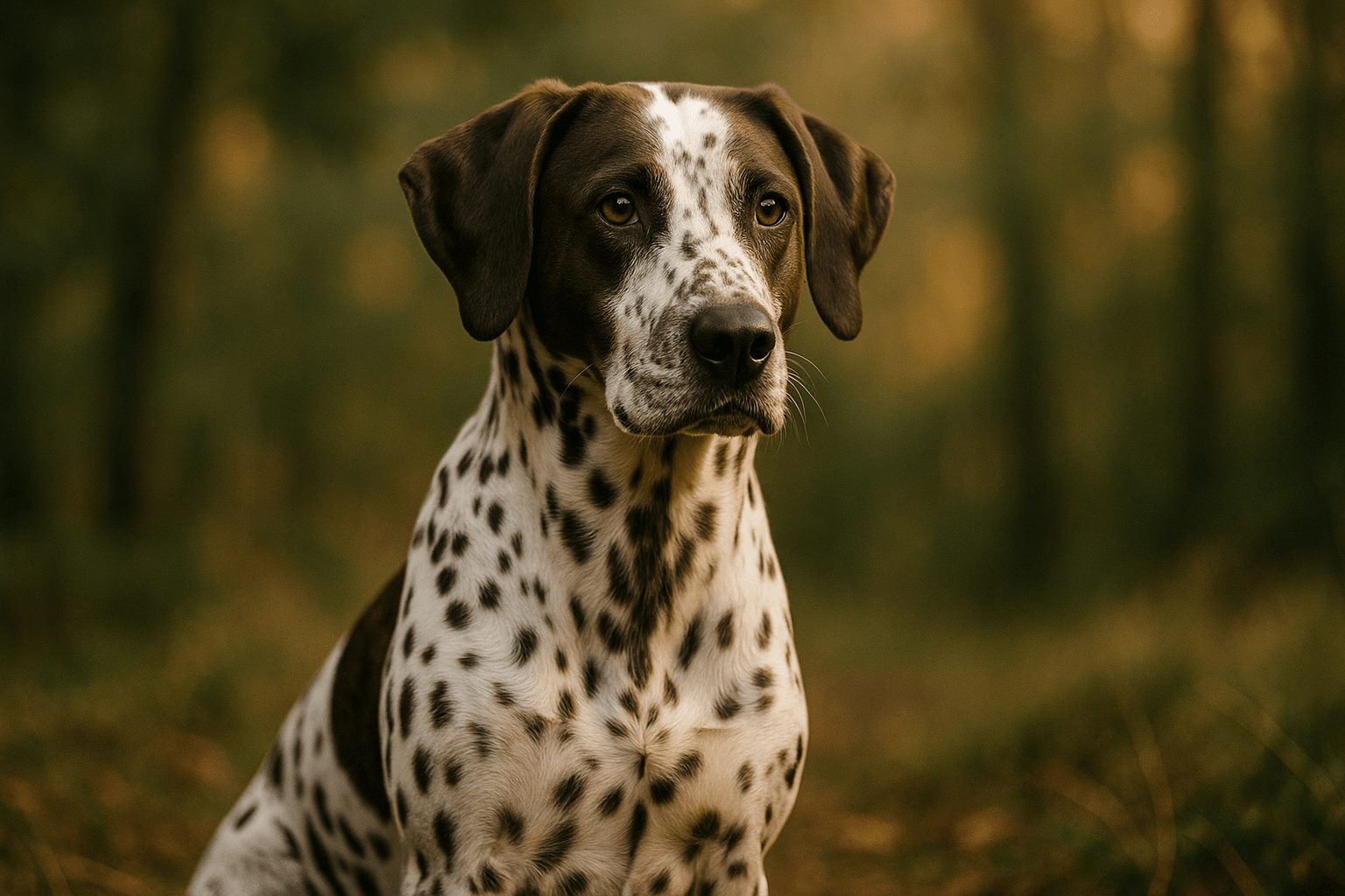 Bohemian Spotted Dog with brown-spotted white coat and floppy ears poses outdoors, amber eyes alert, soft forest background