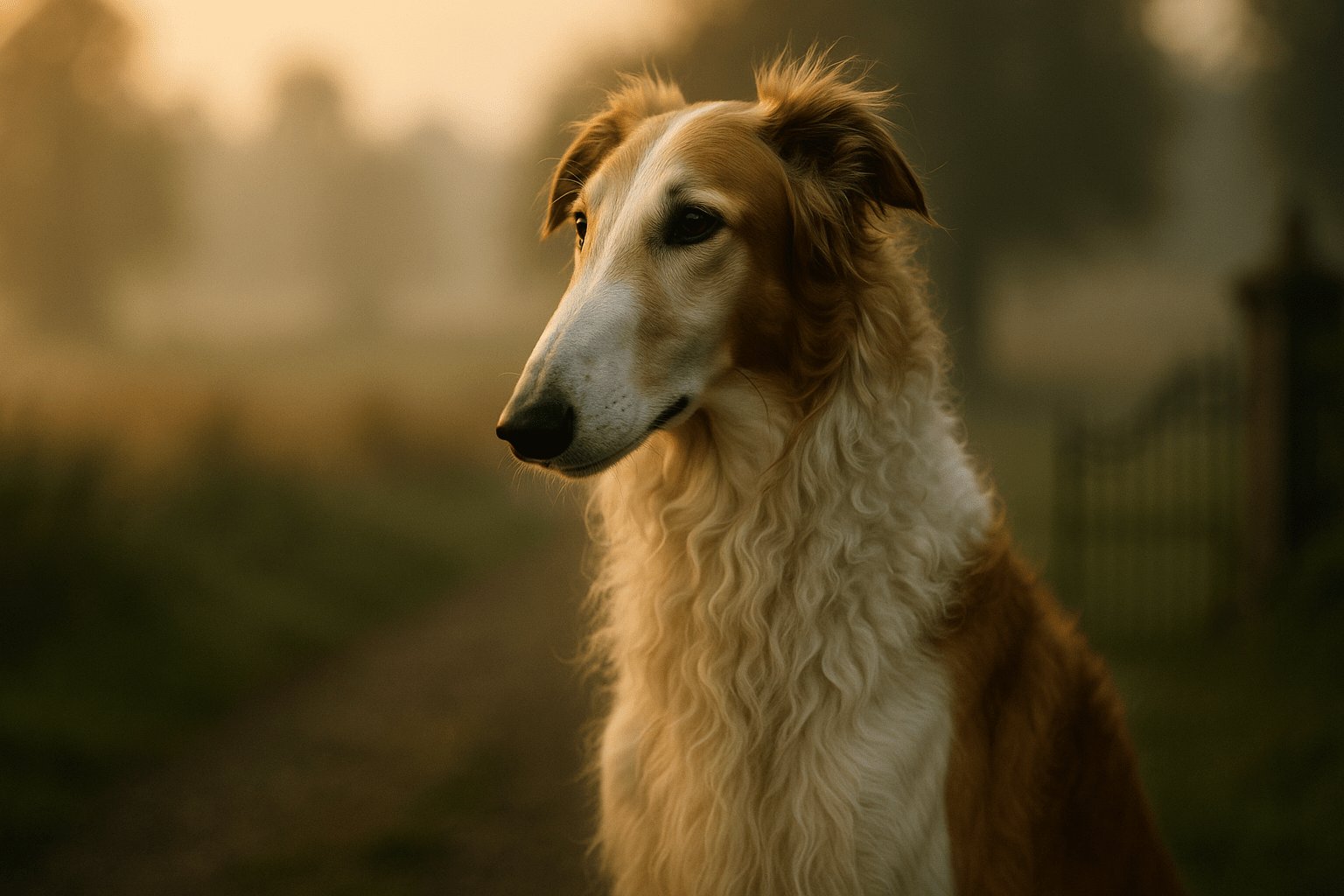 Borzoi Dog with wavy tan and white coat stands outdoors in soft golden light, neutral expression and calm posture captured beautifully