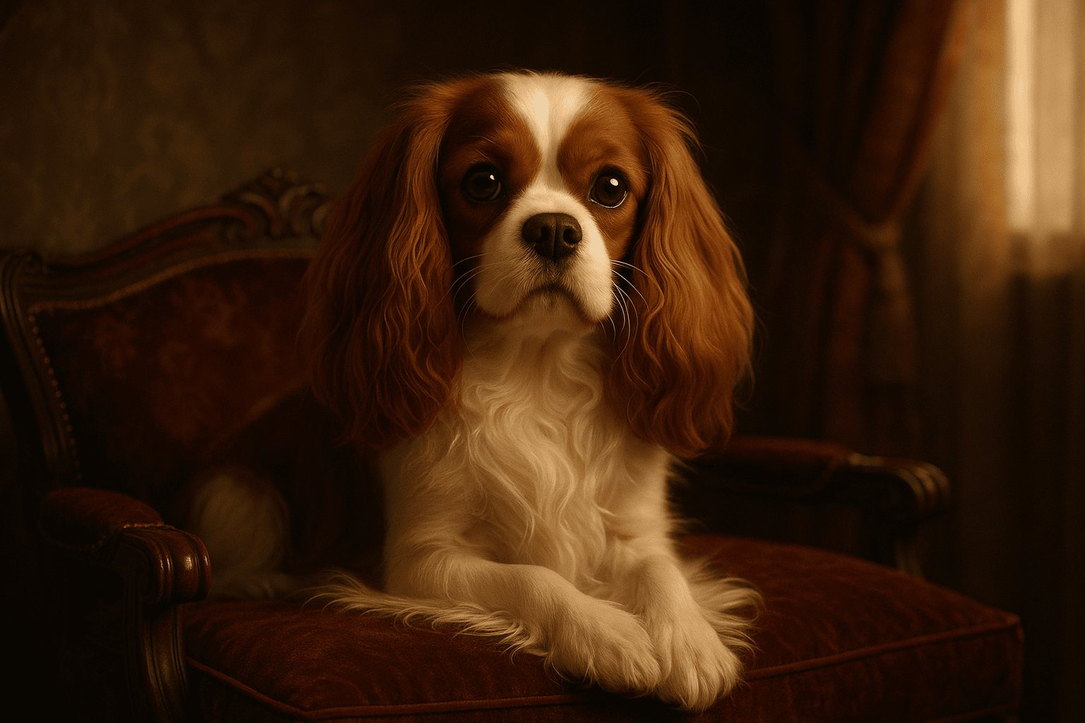 Cavalier King Charles Spaniel Dog sits regally on burgundy antique chair under warm light with silky chestnut and white fur