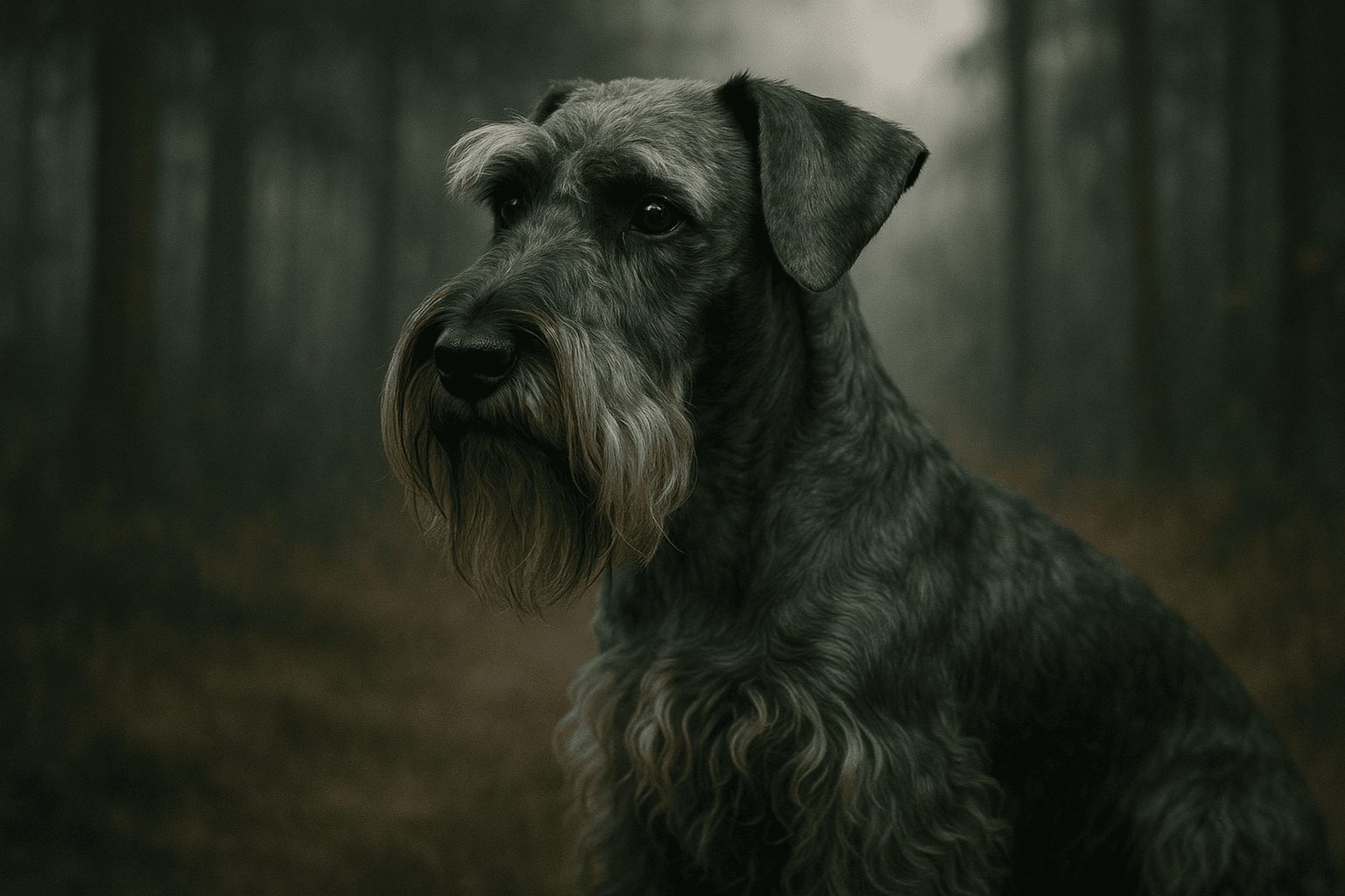 Cesky Terrier dog with black and gray coat gazes calmly in a dim outdoor forest setting with soft light highlighting its expressive features