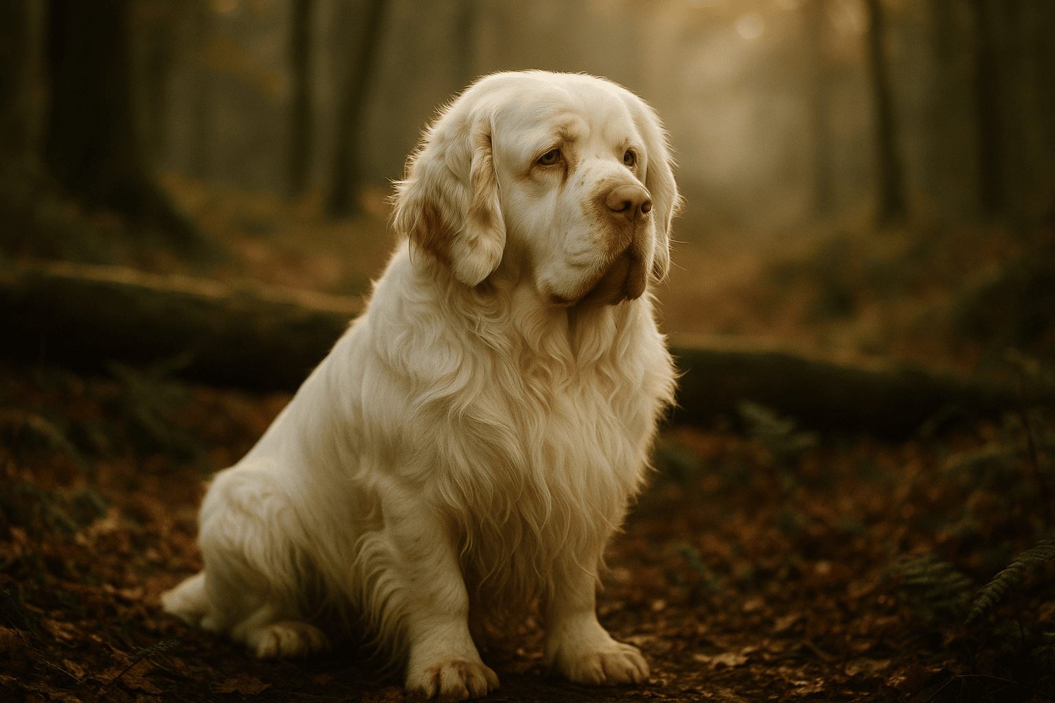 Cream-colored Clumber Spaniel sitting gracefully in a warm forest setting, showcasing its flowing fur and poised demeanor.