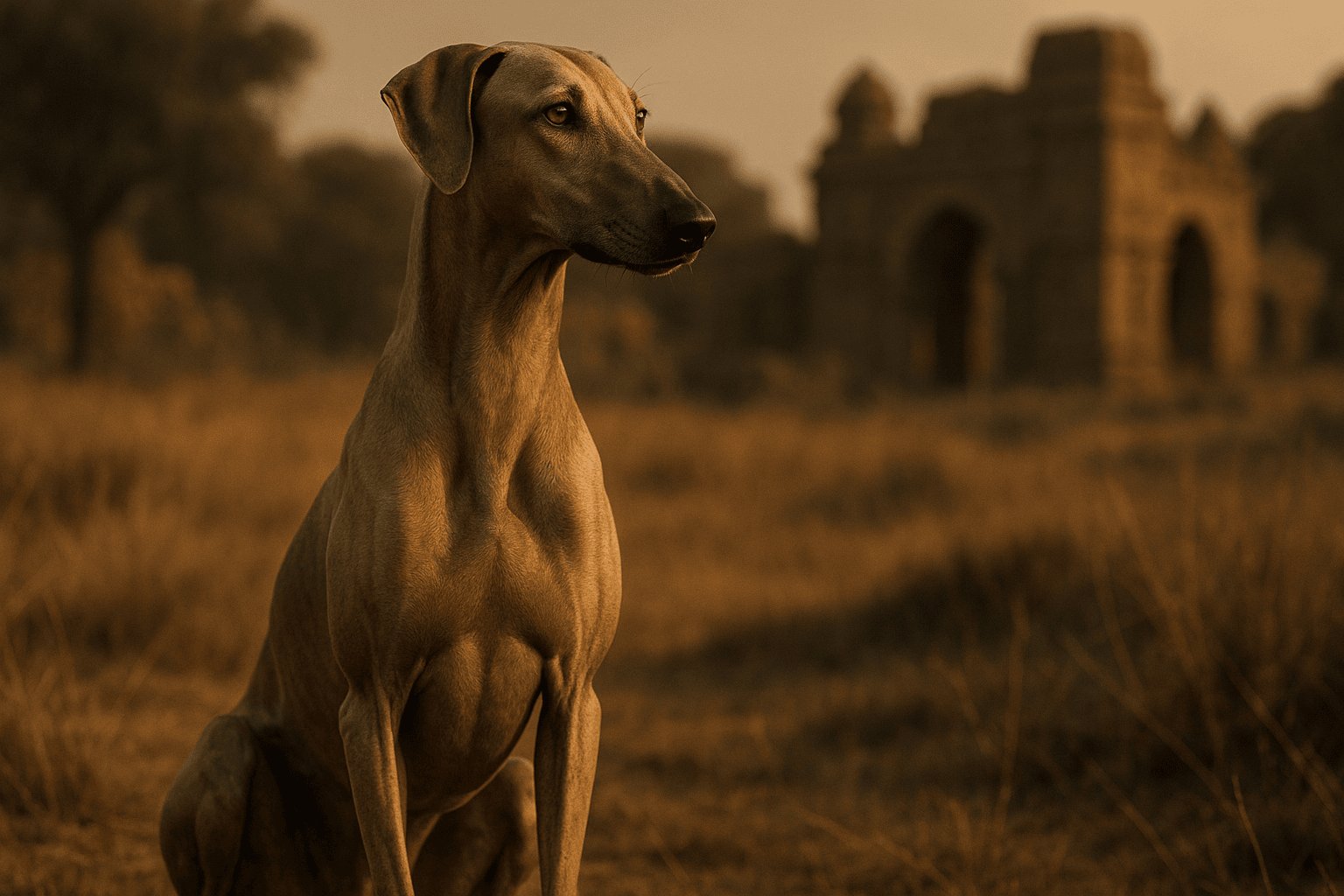 Tan Chippiparai dog with sleek muscular build sitting in foreground near ancient ruins, bathed in warm golden light.