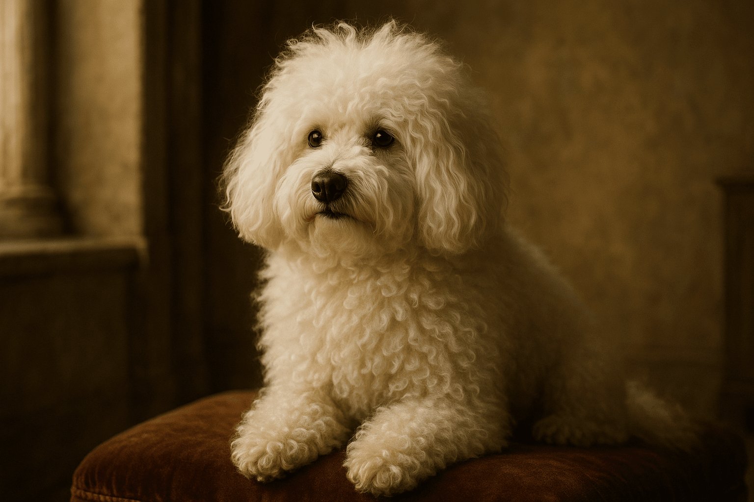 Fluffy white Bolognese Dog with curly fur sits on maroon upholstered stool, calm expression framed by warm sepia-toned room backdrop