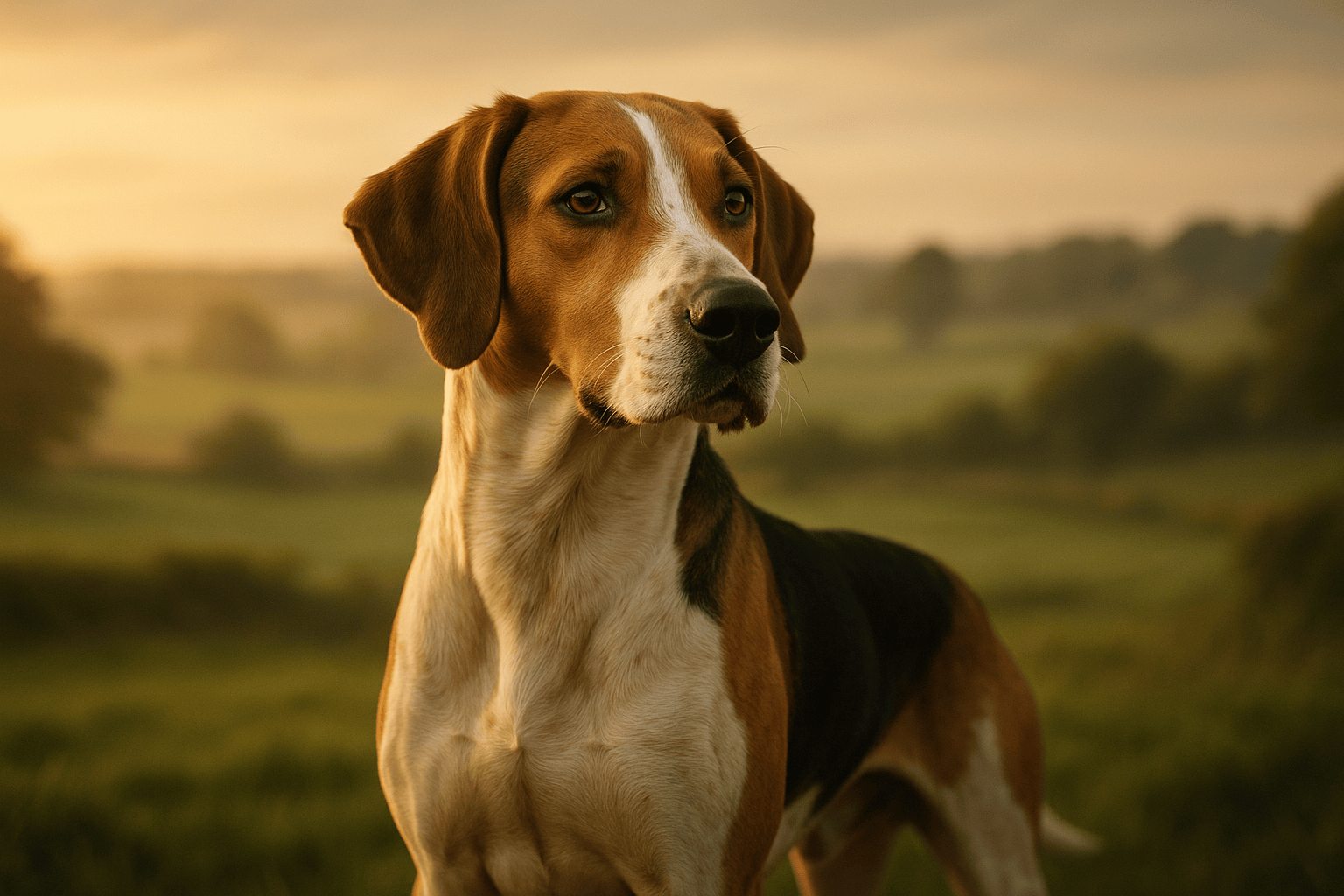 Tri-color English Foxhound with tan, white, black coat standing alert in rural grassy field under golden light.