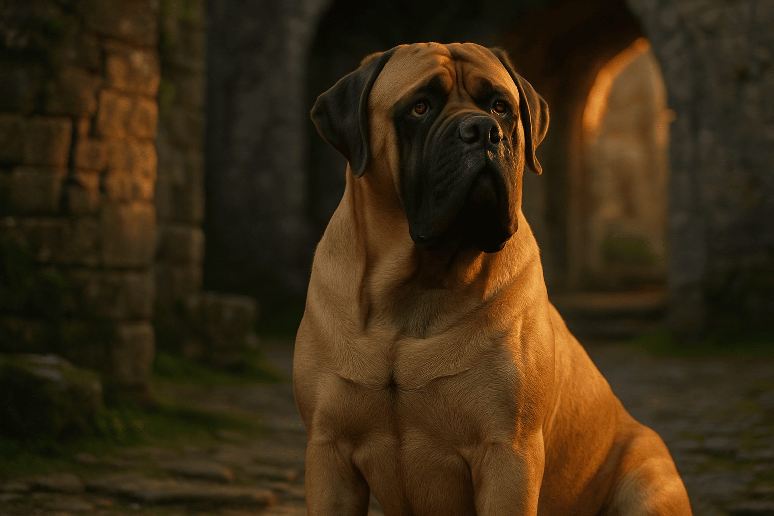 Majestic English Mastiff with fawn coat and dark muzzle sits alert before ancient stone structure under warm light.