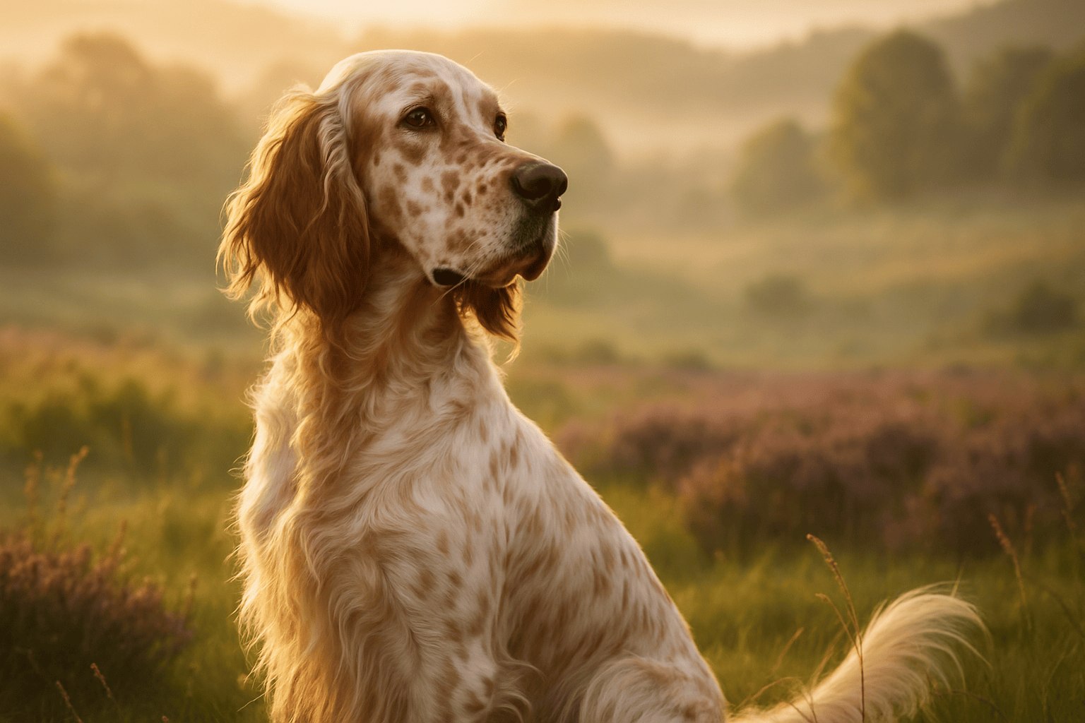 English Setter dog with white coat and auburn spots sits in hazy field during golden hour light.