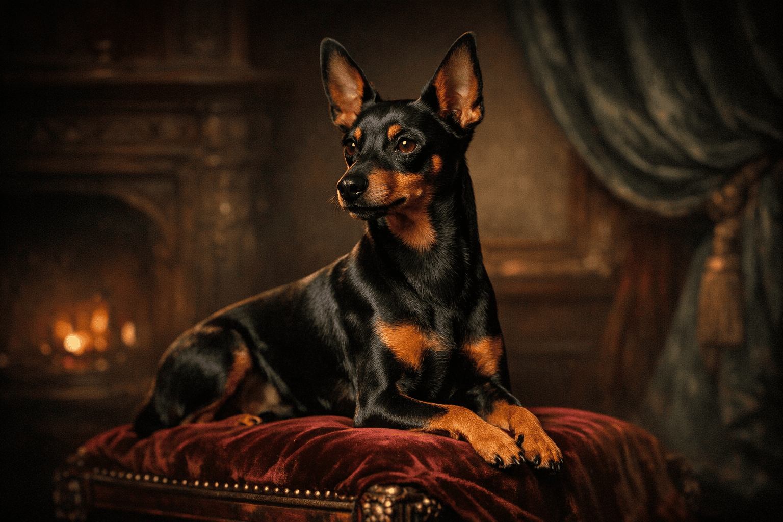 Sleek black and brown English Toy Terrier on red velvet cushion in studio portrait with fireplace background.