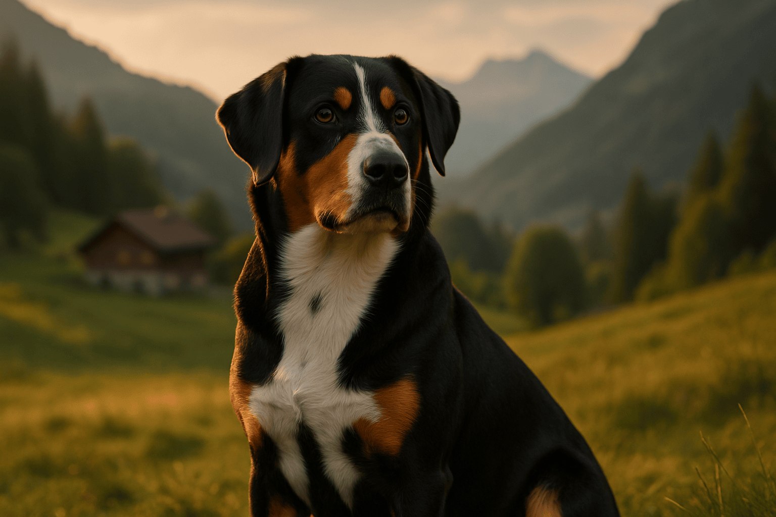 Entlebucher Mountain Dog with black, brown, white coat sitting attentively on grassy field with rolling hills background.