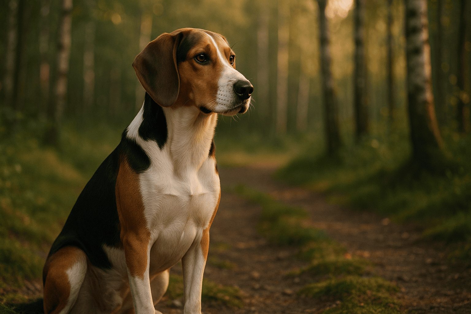 Tri-color Estonian Hound Dog with white, tan, black fur, floppy ears, sitting alert in forest on mossy path with golden sunlight.