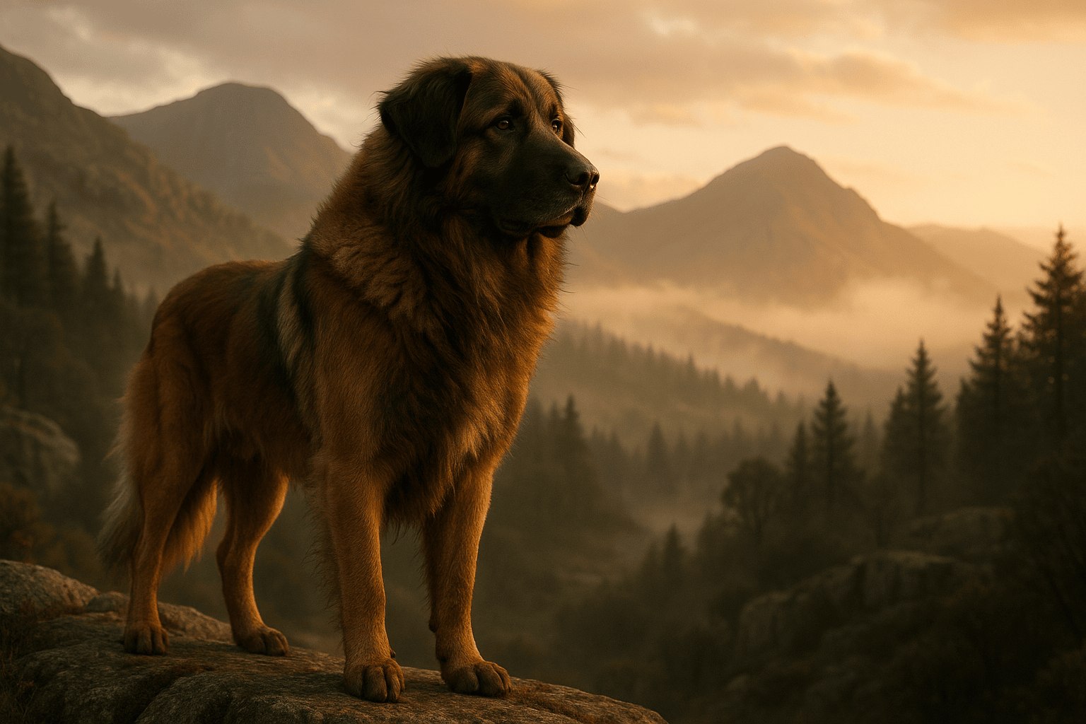 Estrela Mountain Dog with thick brown coat standing on a rocky cliff, looking over distant mountains at sunset.