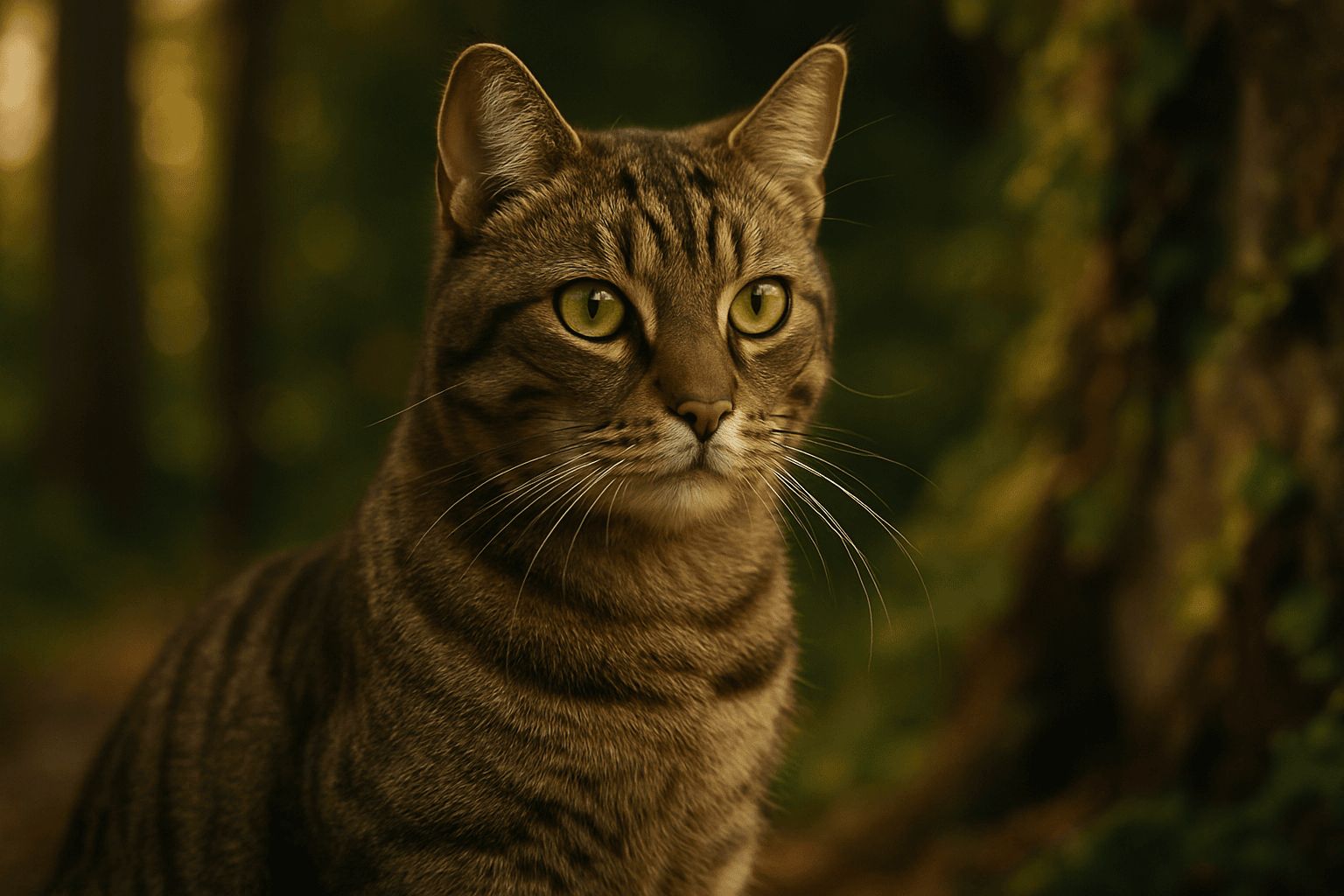 Close-up of European Shorthair cat with brown and black tabby markings, yellowish-green eyes, long white whiskers in outdoor setting.