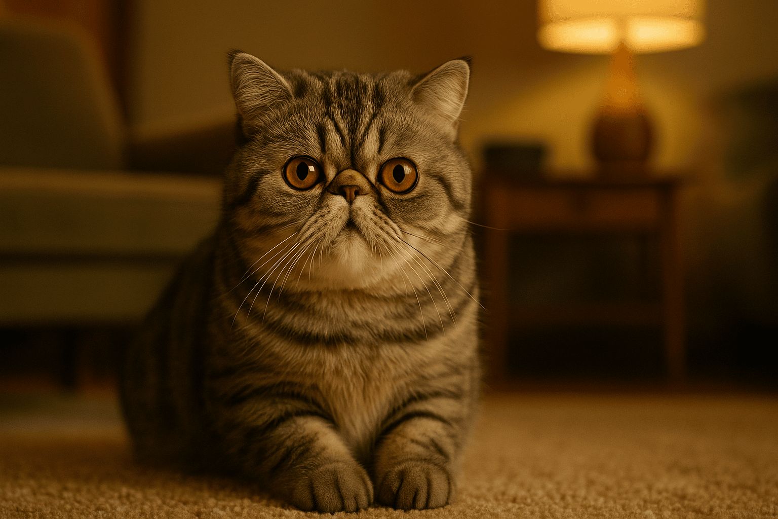 Cute Exotic Shorthair cat with chubby tabby markings and big round orange eyes lying on carpeted floor with cozy home background.
