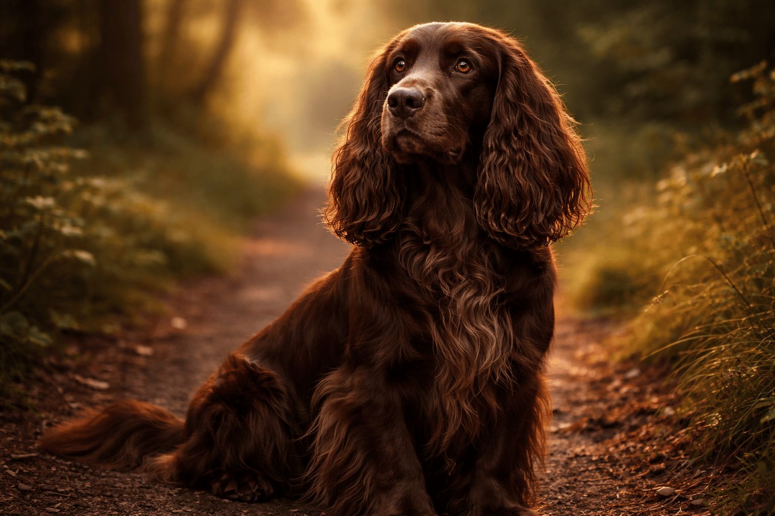 Brown Field Spaniel Dog seated on dirt path in woodland setting with warm golden lighting and blurred background.