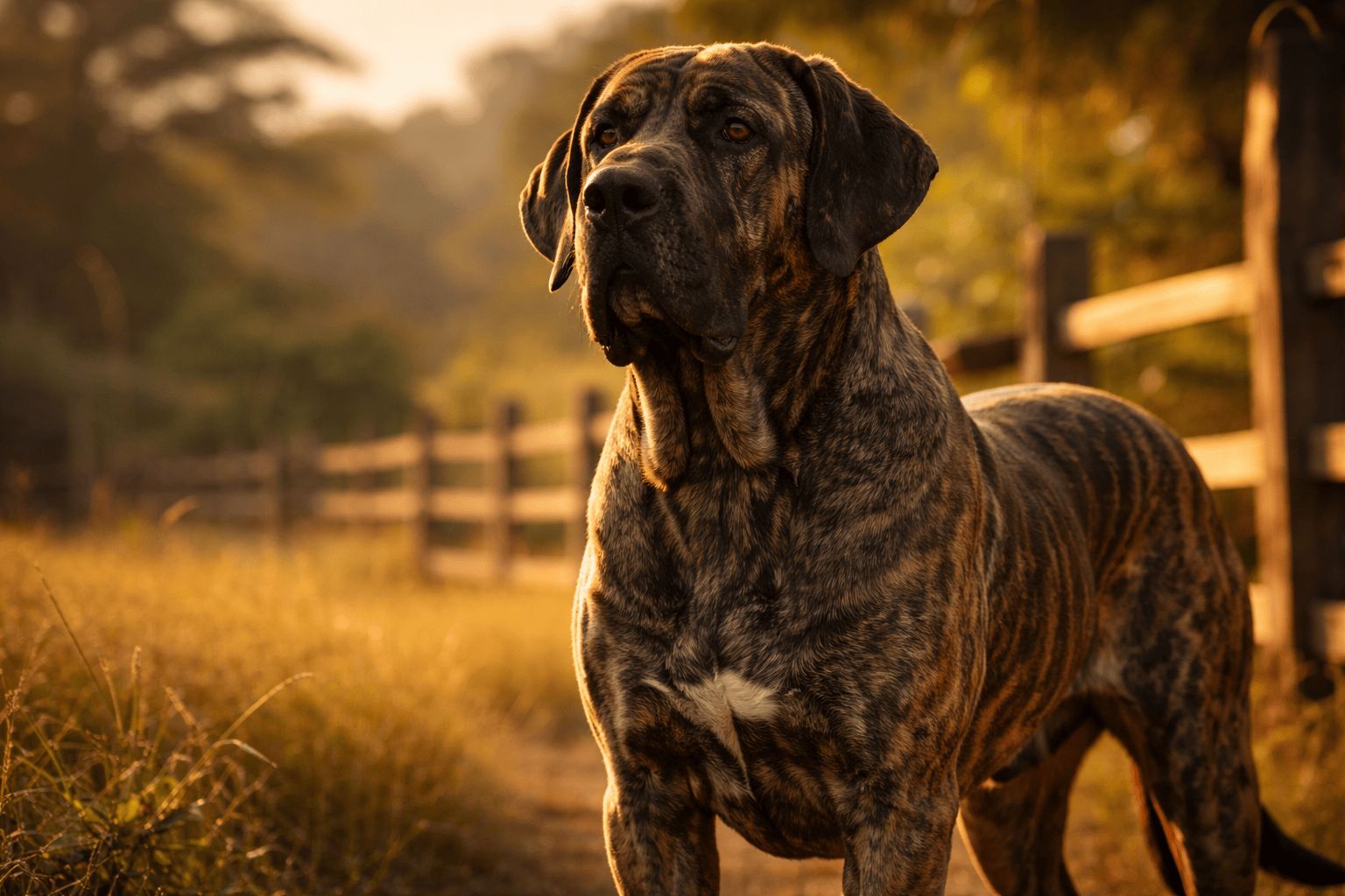 Large muscular brown brindle Fila Brasileiro Dog with floppy ears standing in grassy field with wooden fence background.