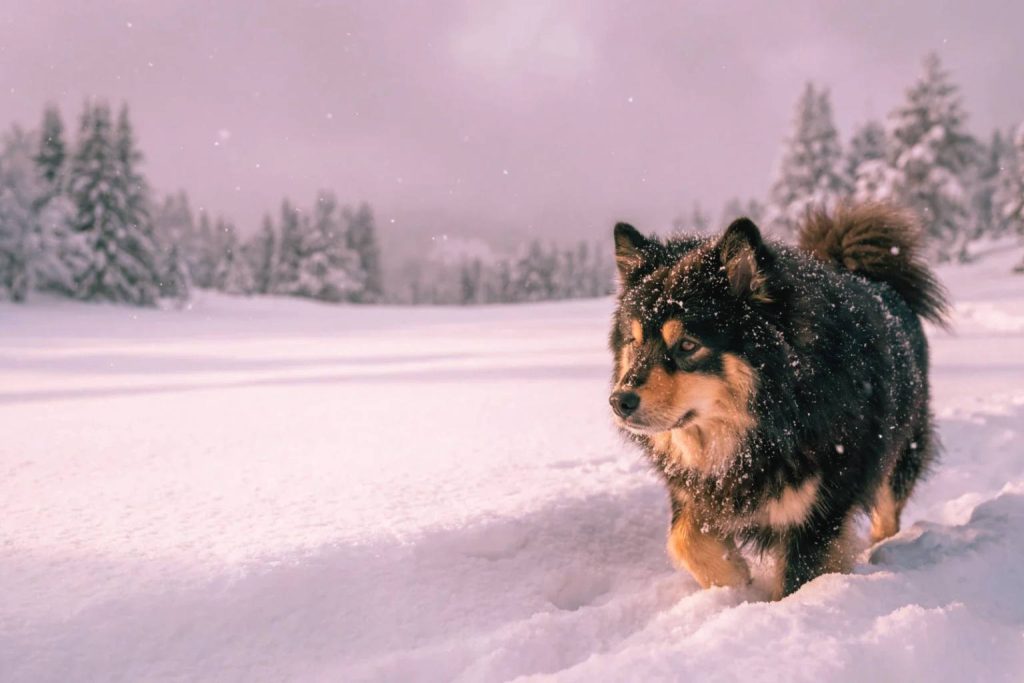 Fluffy black and tan Finnish Lapphund walking through deep snow with its bushy tail curled over its back in winter.