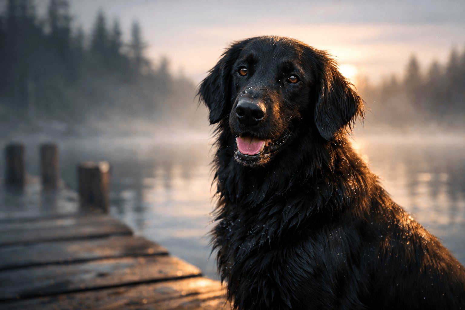 Black Flat-Coated Retriever dog sitting on wooden dock by serene lake with forest backdrop.