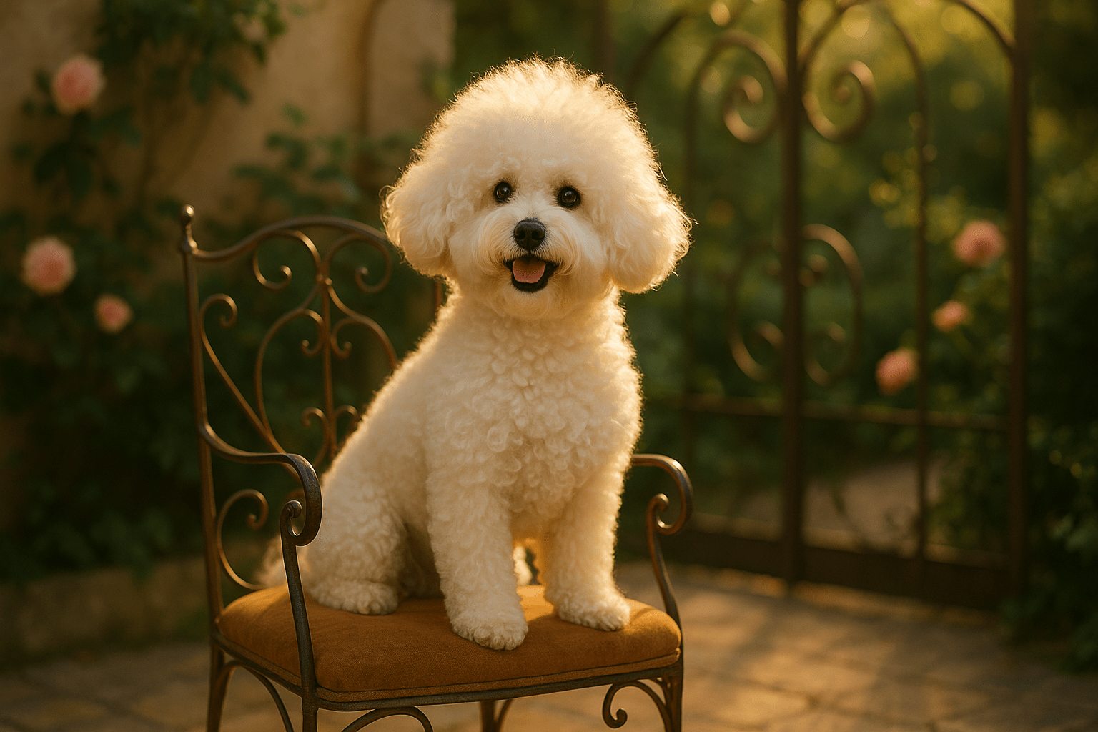 Fluffy Bichon Frise Dog sits on ornate wrought-iron chair in garden with roses and warm golden hour light