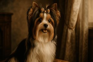 Biewer Terrier Dog with fluffy white, brown, and black fur, wearing a colorful bow, sitting in warm, softly lit room