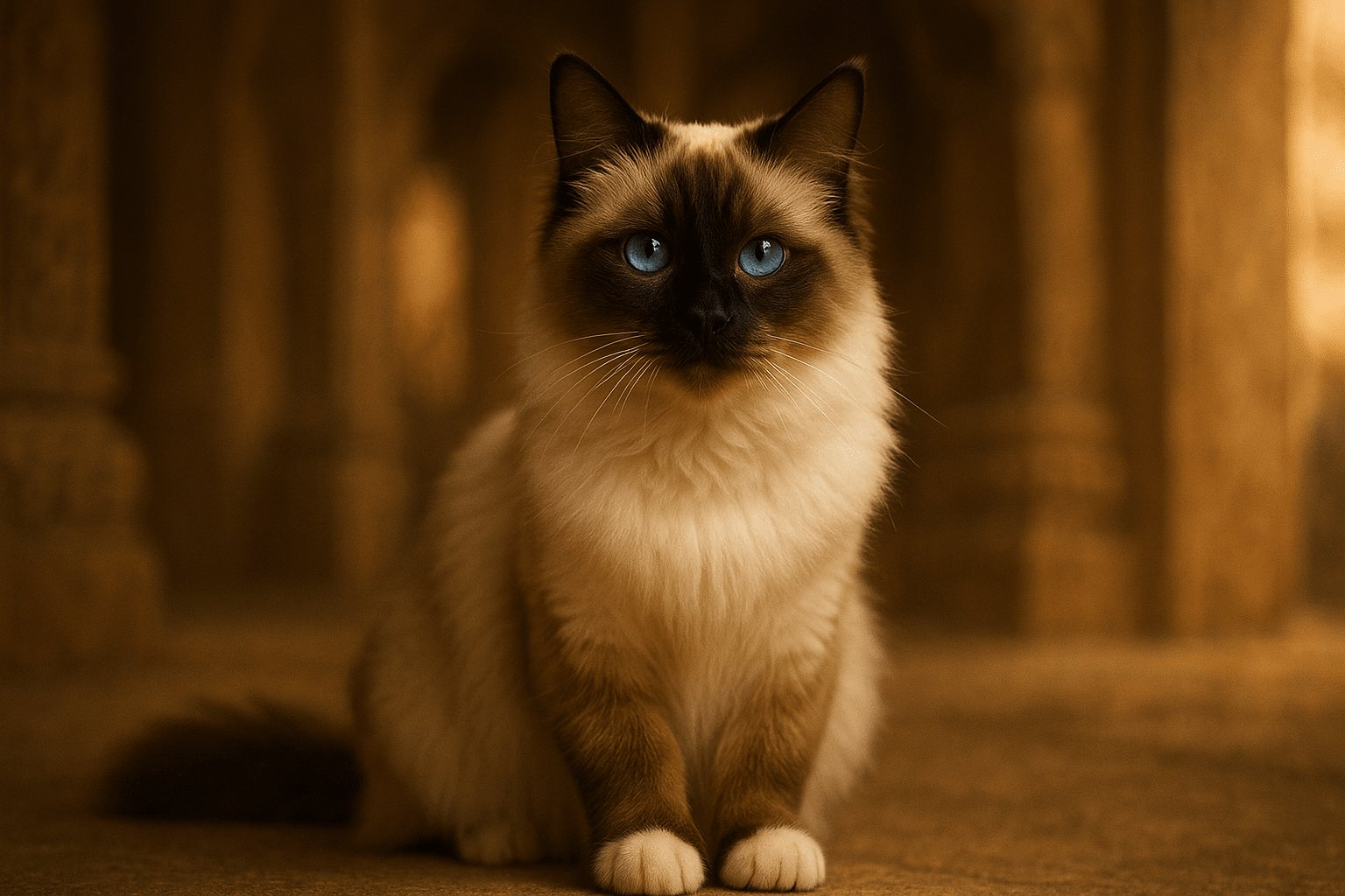 Fluffy cream-colored Birman Cat with blue eyes and dark nose sits alert against a warm brown indoor background