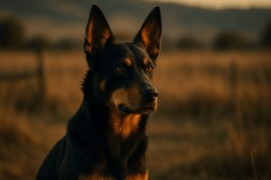 Close-up of an Australian Kelpie Dog with alert ears, black and tan coat, in a golden rural field at sunset with blurred fence in background