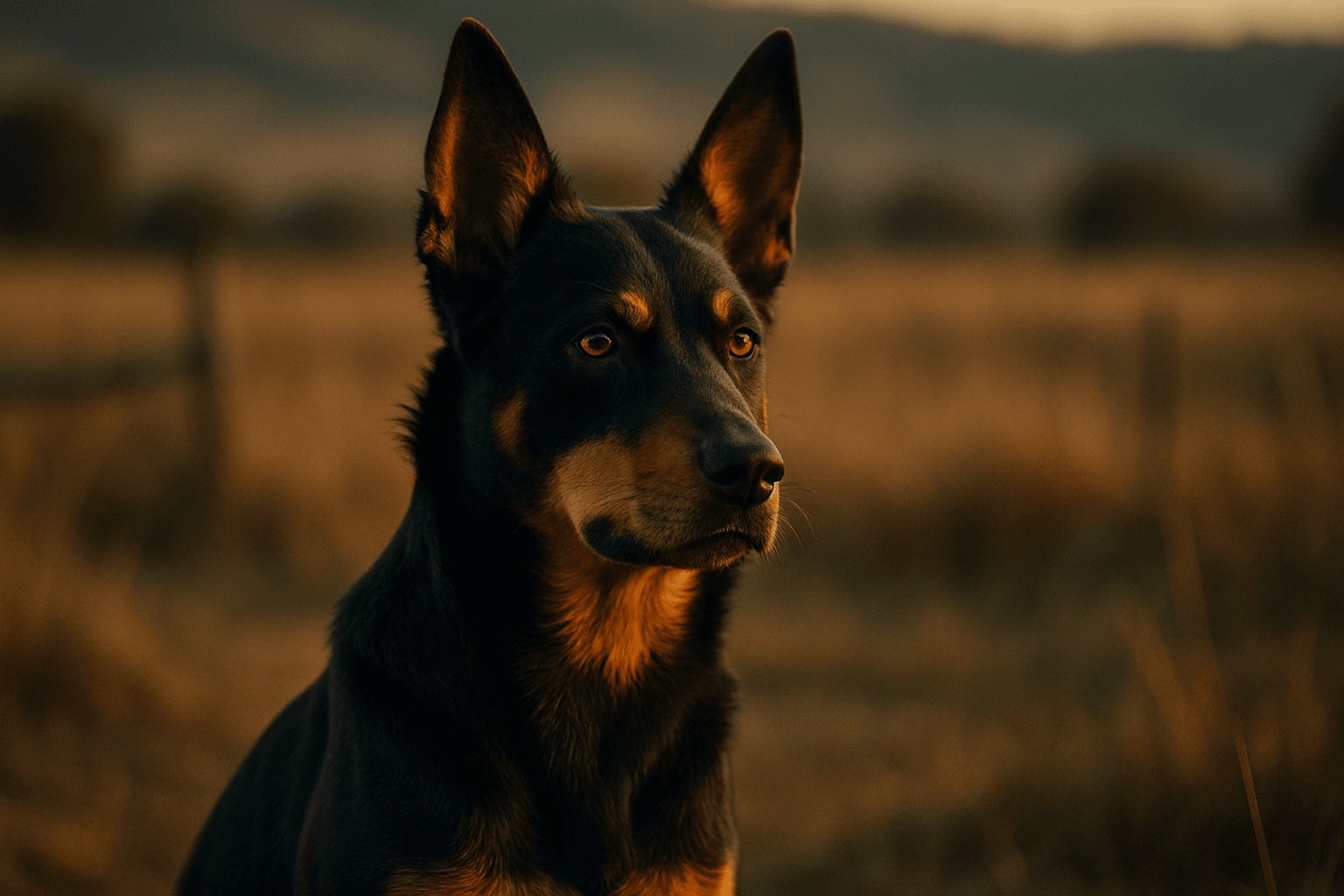 Close-up of an Australian Kelpie Dog with alert ears, black and tan coat, in a golden rural field at sunset with blurred fence in background